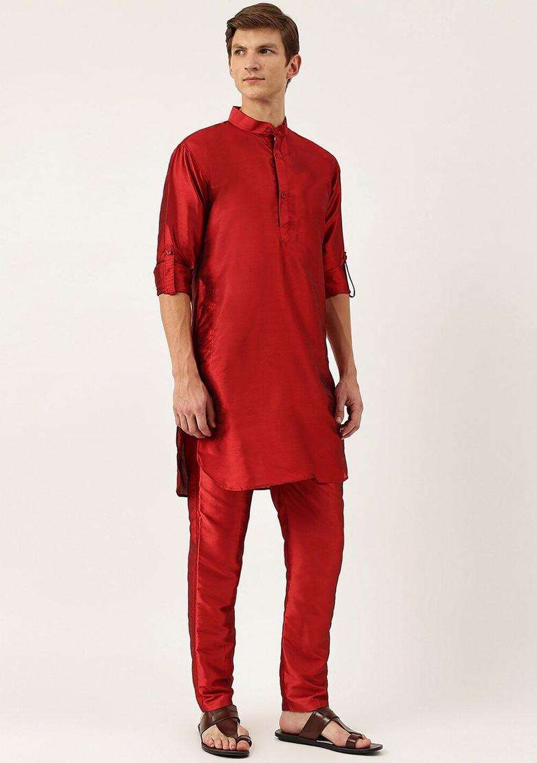 Maroon Solid Silk Kurta Set For Men - Indya