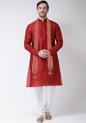 Maroon Self Design Silk Kurta Set For Men