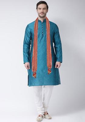 Teal Embroidered Silk Kurta Set For Men