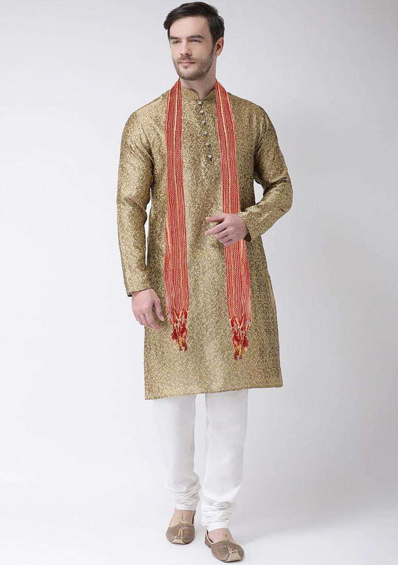 Gold Embroidered Silk Kurta Set For Men - Indya