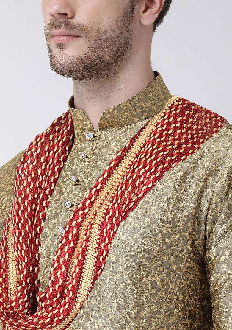 Gold Embroidered Silk Kurta Set For Men - Indya