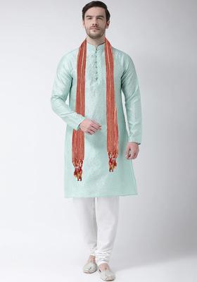 Sea Green Self Design Silk Kurta Set For Men
