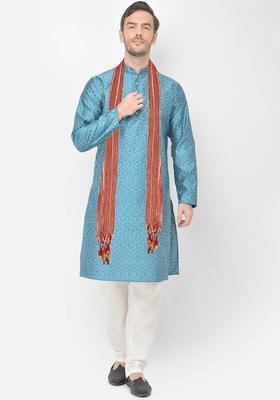 Turquoise Blue Self Design Silk Kurta Set For Men