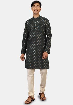 Green Self Design Cotton Kurta Set For Men