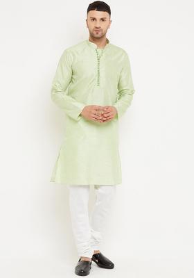 Green Printed Silk Kurta Set For Men