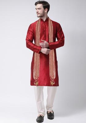 Maroon Embroidered Silk Kurta Set For Men