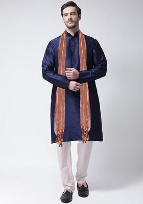 Navy Blue Solid Silk Kurta Set For Men
