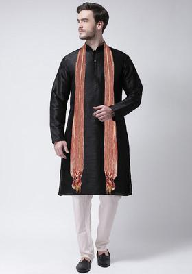 Black Self Design Silk Kurta Set For Men