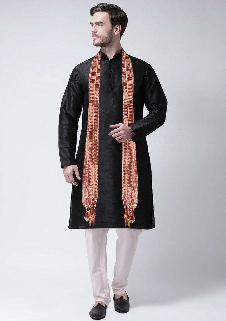 Black Self Design Silk Kurta Set For Men - Indya