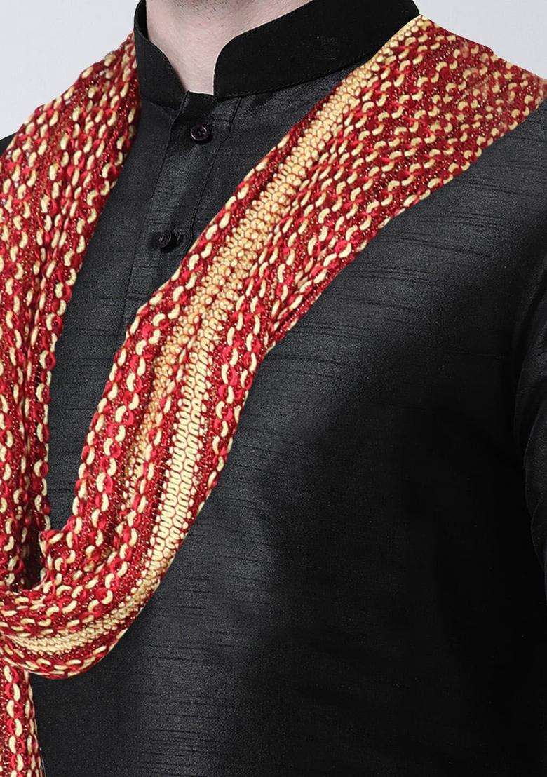 Black Self Design Silk Kurta Set For Men - Indya
