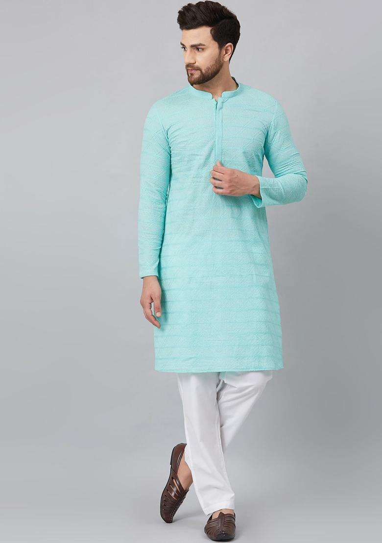 Turquoise Blue Striped Cotton Kurta Set For Men - Indya