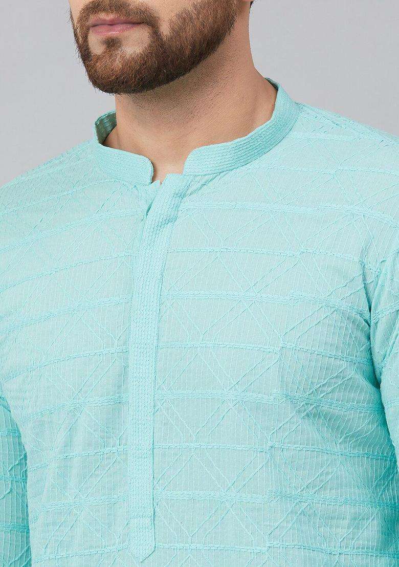 Turquoise Blue Striped Cotton Kurta Set For Men - Indya