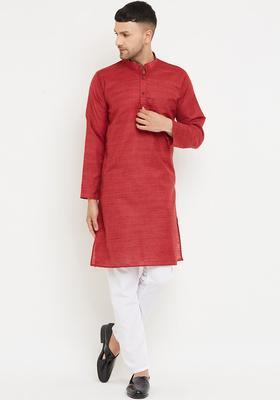 Maroon Self Design Cotton Kurta Set For Men