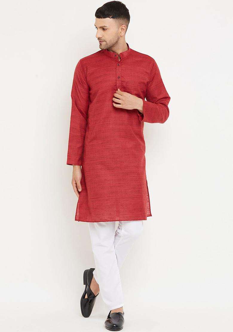 Maroon Self Design Cotton Kurta Set For Men - Indya