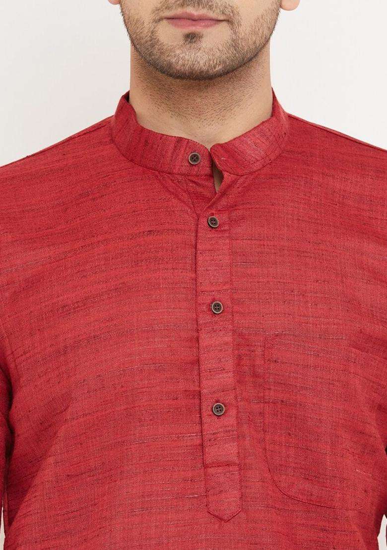 Maroon Self Design Cotton Kurta Set For Men - Indya