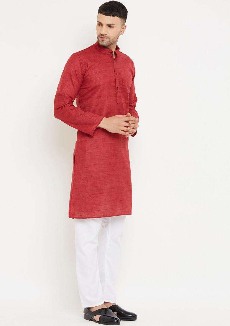 Maroon Self Design Cotton Kurta Set For Men - Indya