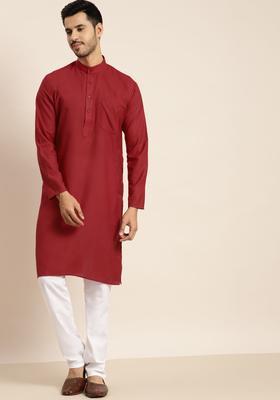 Red Solid Cotton Kurta Set For Men