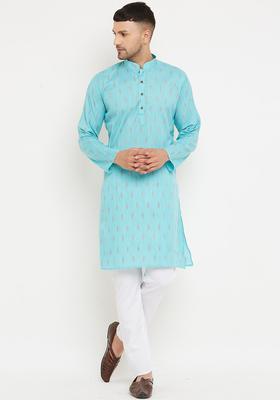 Sea Green Woven Design Cotton Kurta Set For Men
