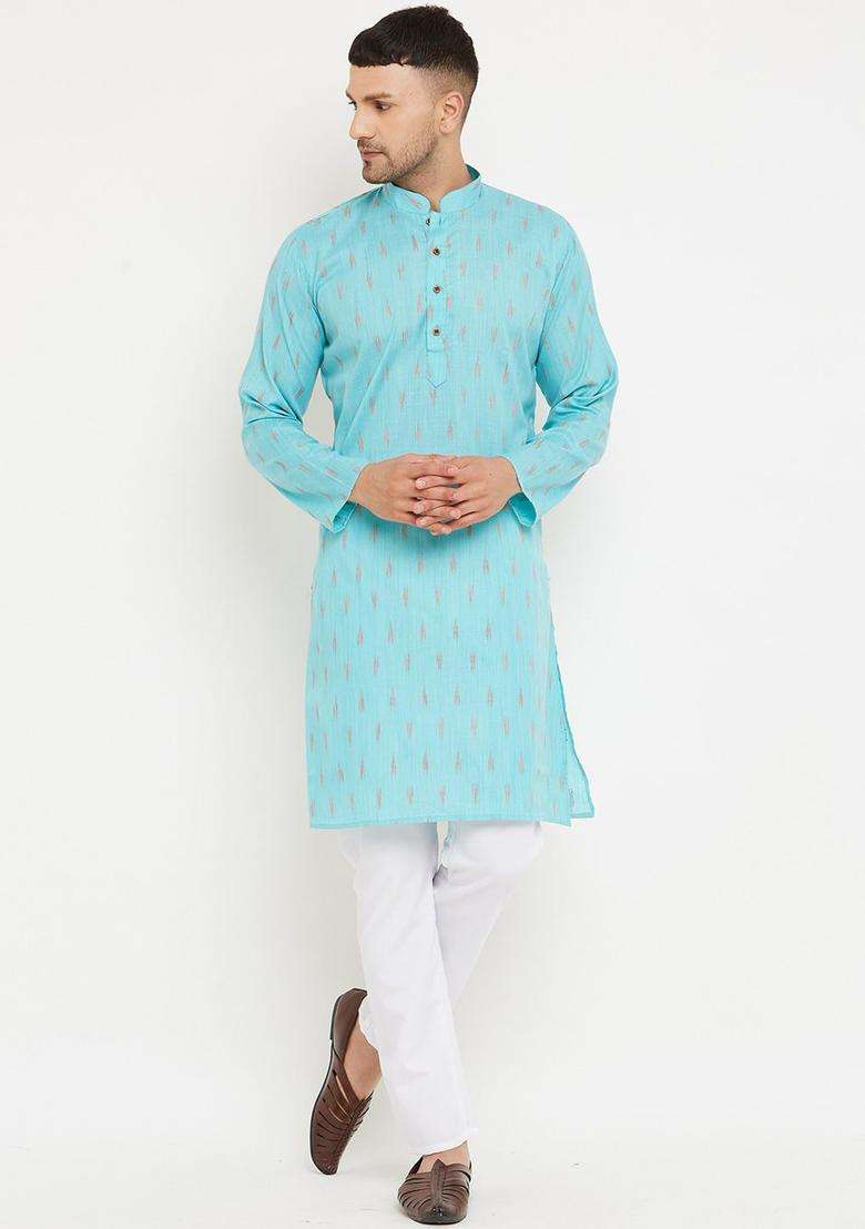 Sea Green Woven Design Cotton Kurta Set For Men - Indya
