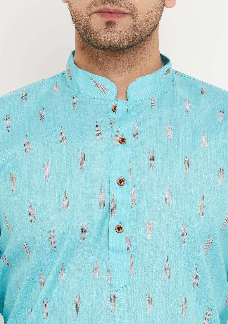 Sea Green Woven Design Cotton Kurta Set For Men - Indya