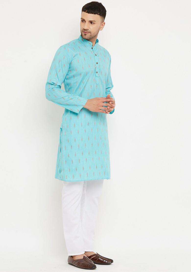 Sea Green Woven Design Cotton Kurta Set For Men - Indya