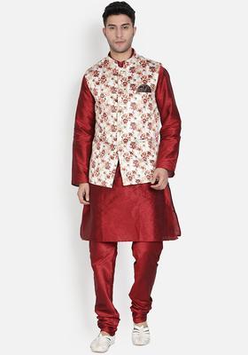Maroon Solid Silk Kurta Set For Men