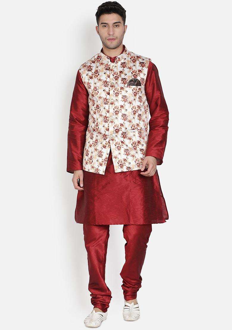 Maroon Solid Silk Kurta Set For Men - Indya