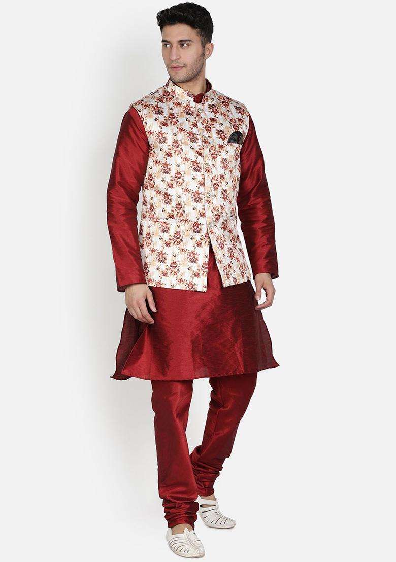 Maroon Solid Silk Kurta Set For Men - Indya
