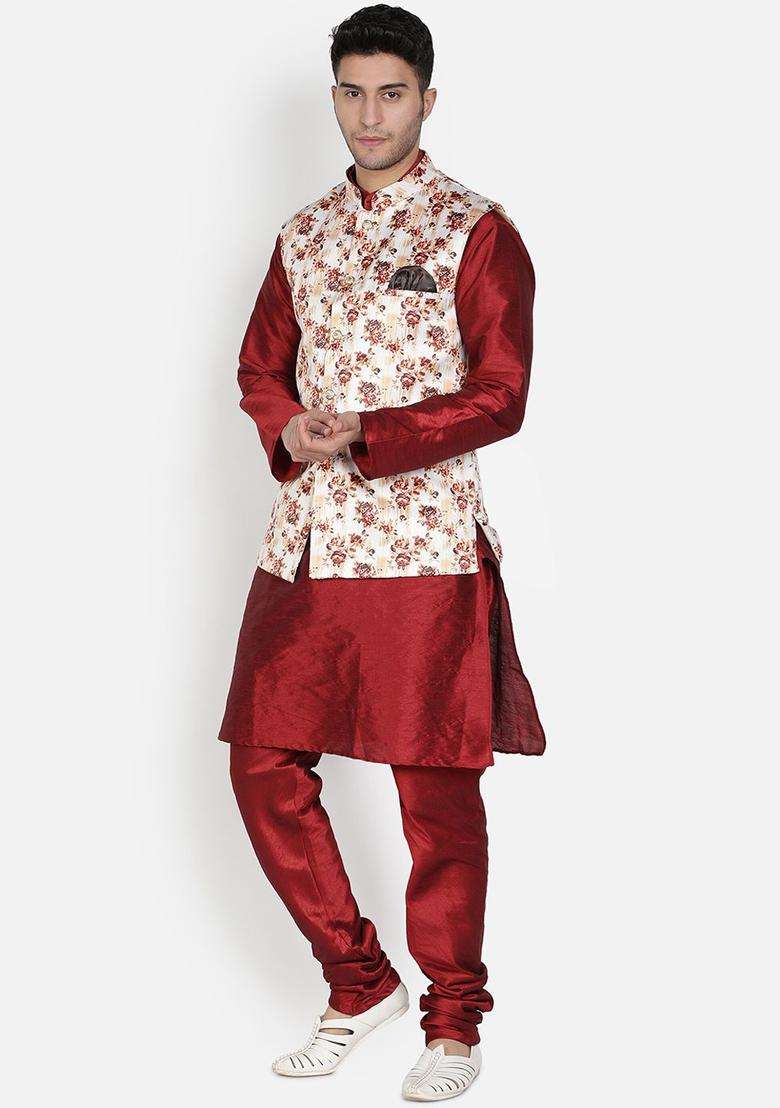 Maroon Solid Silk Kurta Set For Men - Indya
