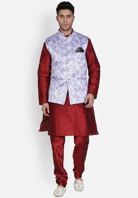 Maroon Solid Silk Kurta Set For Men