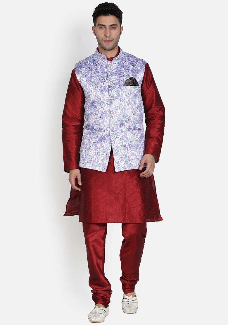 Maroon Solid Silk Kurta Set For Men - Indya