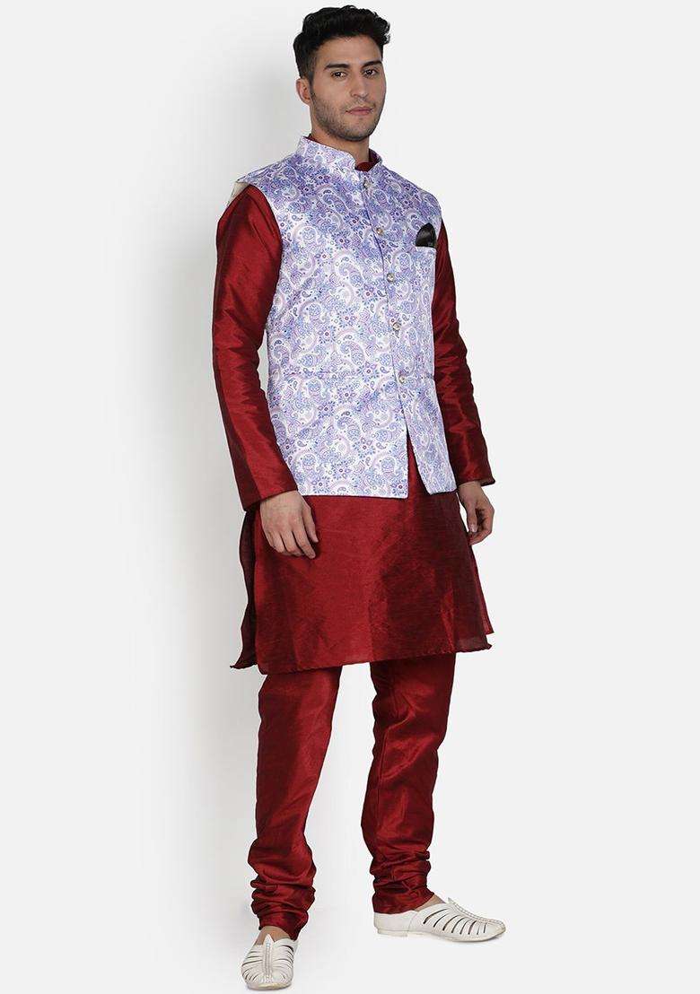 Maroon Solid Silk Kurta Set For Men - Indya