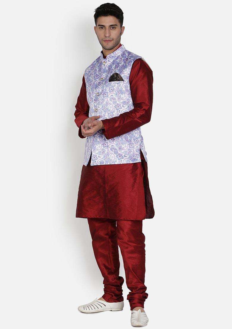 Maroon Solid Silk Kurta Set For Men - Indya