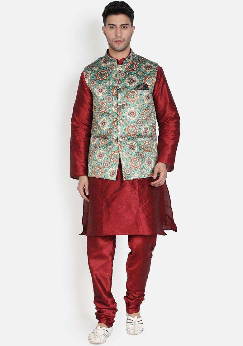 Maroon Solid Silk Kurta Set For Men - Indya