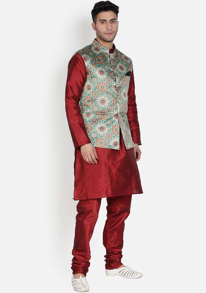 Maroon Solid Silk Kurta Set For Men - Indya