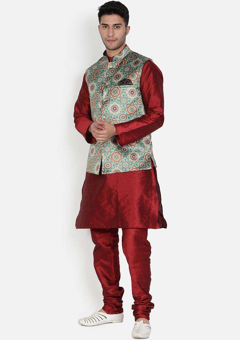 Maroon Solid Silk Kurta Set For Men - Indya
