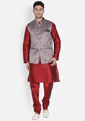 Maroon Solid Silk Kurta Set For Men