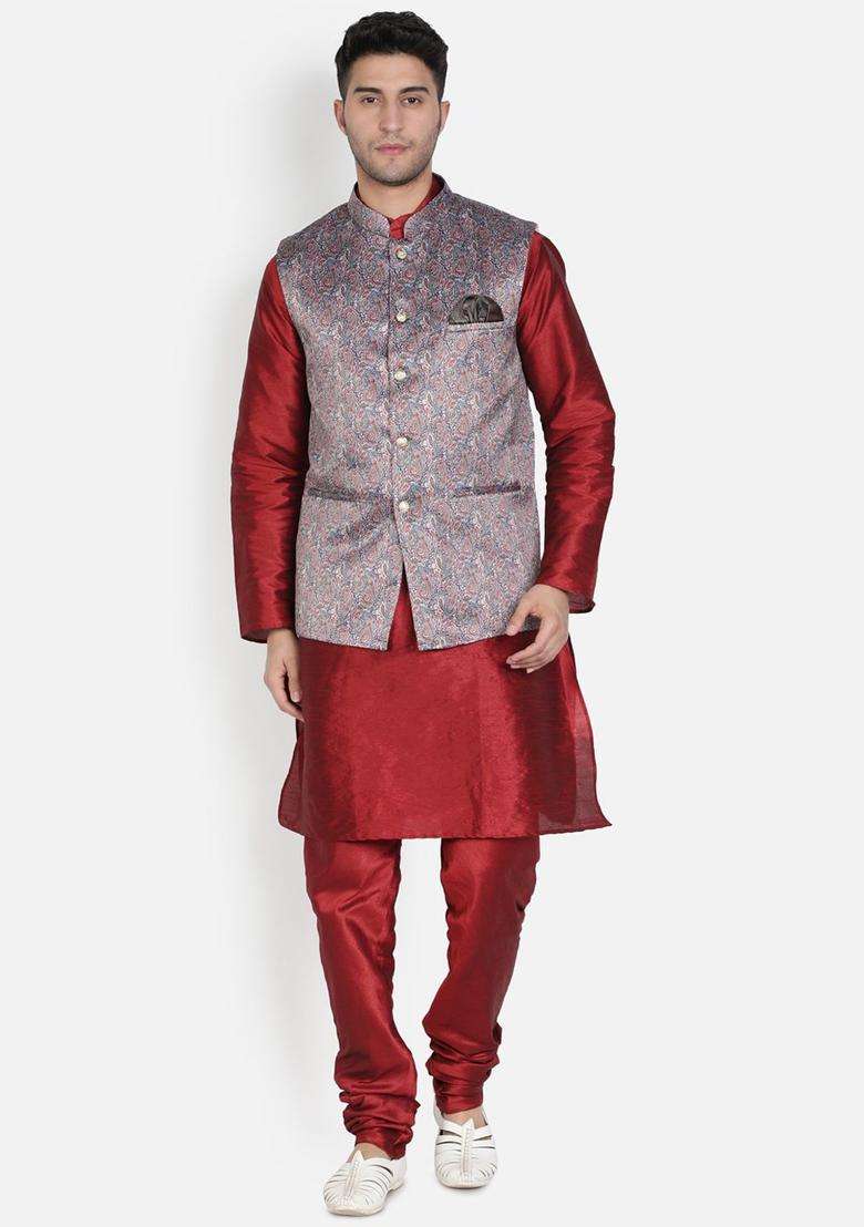 Maroon Solid Silk Kurta Set For Men - Indya