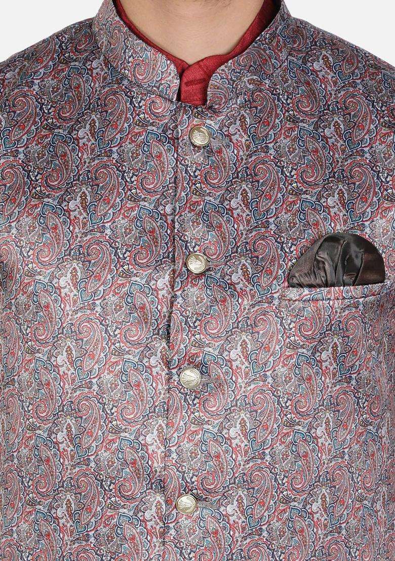 Maroon Solid Silk Kurta Set For Men - Indya