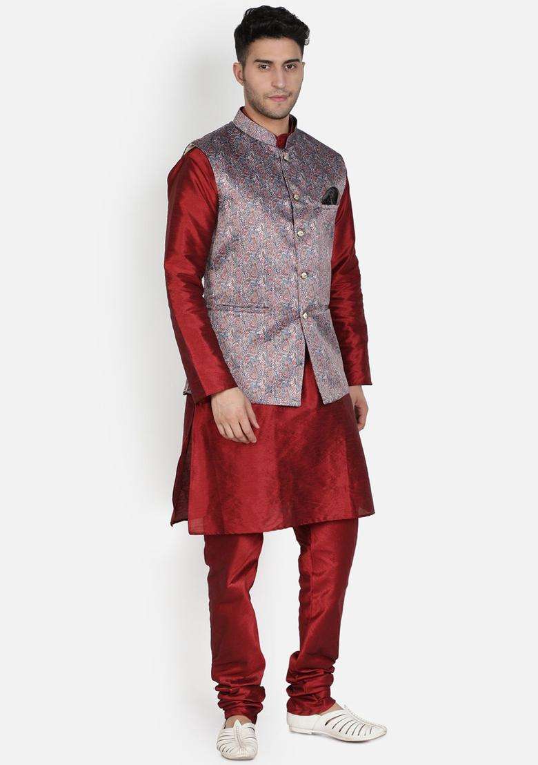 Maroon Solid Silk Kurta Set For Men - Indya