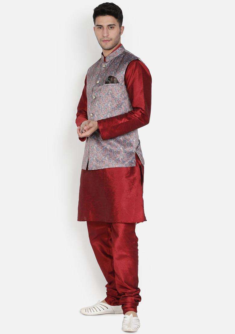 Maroon Solid Silk Kurta Set For Men - Indya