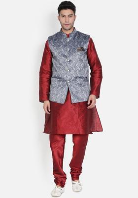 Maroon Solid Silk Kurta Set For Men