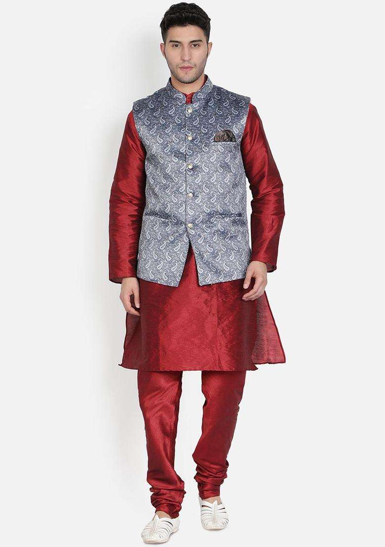 Maroon Solid Silk Kurta Set For Men - Indya