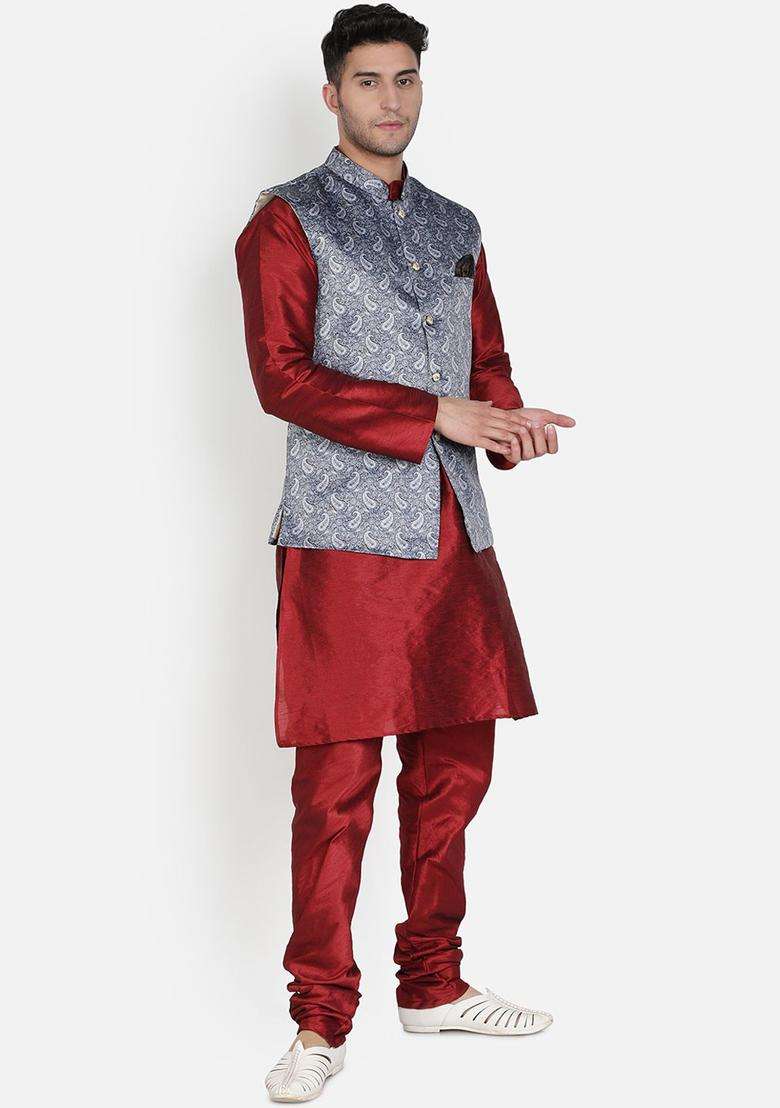 Maroon Solid Silk Kurta Set For Men - Indya