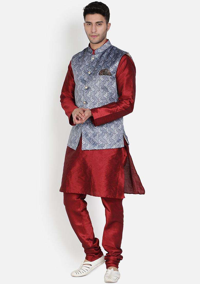 Maroon Solid Silk Kurta Set For Men - Indya