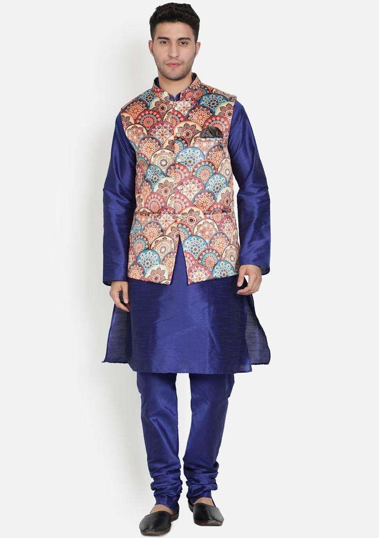 Blue Printed Silk Kurta Set For Men - Indya