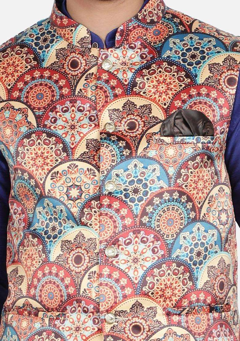 Blue Printed Silk Kurta Set For Men - Indya