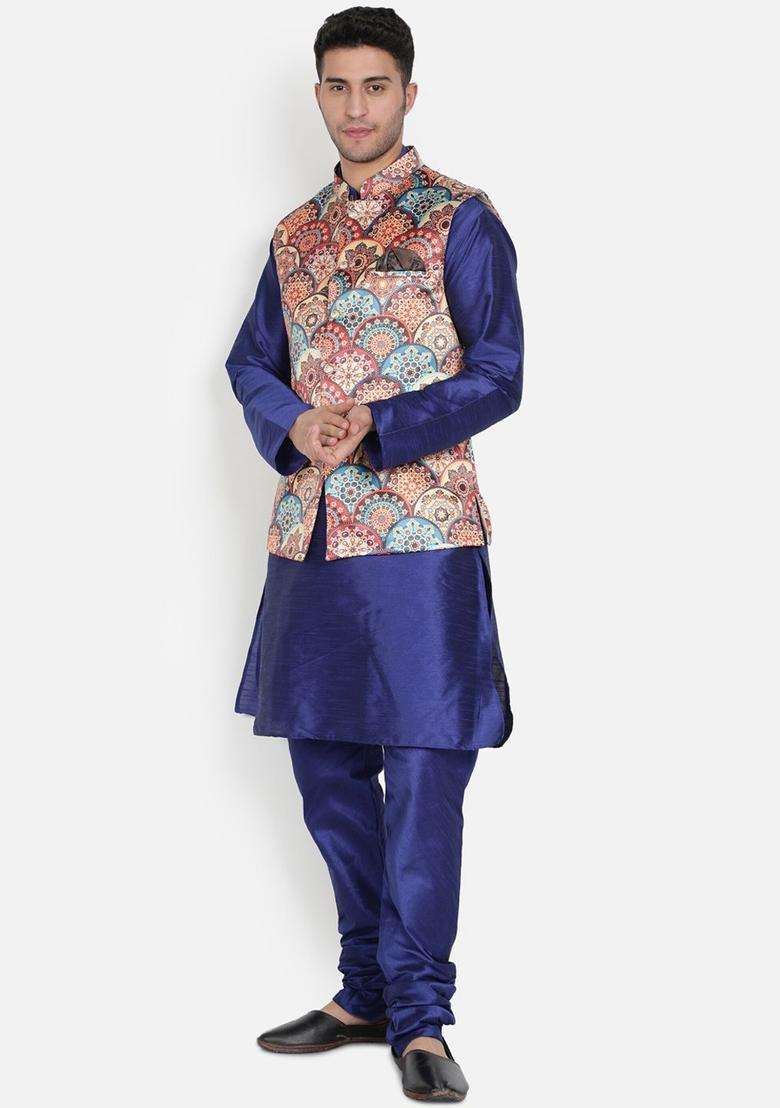 Blue Printed Silk Kurta Set For Men - Indya