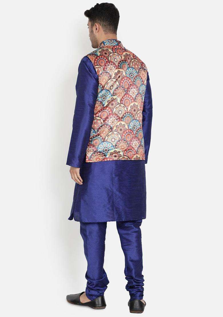 Blue Printed Silk Kurta Set For Men - Indya