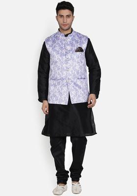 Black Solid Silk Kurta Set For Men
